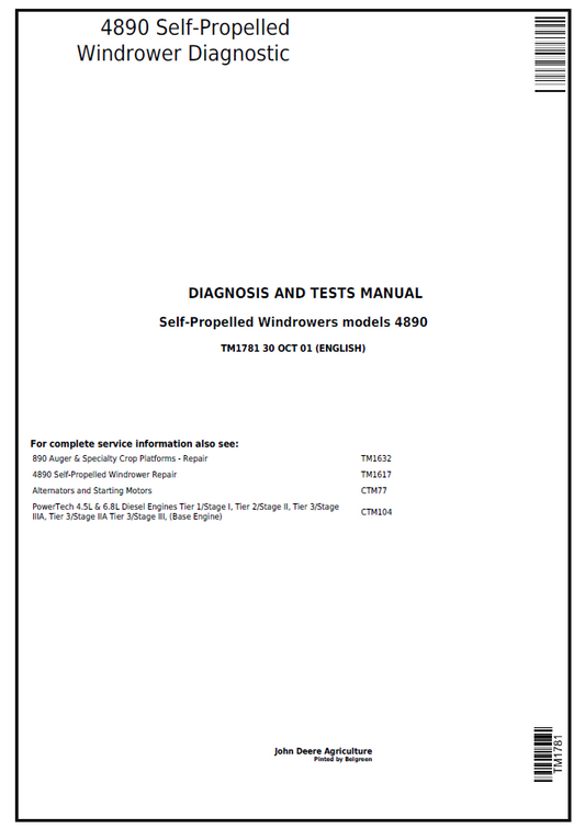 TM1781 John Deere 4890 Self-Propelled Windrower Diagnosis Manual