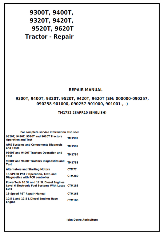 TM1782 John Deere 9300T 9400T 9320T 9420T 9520T 9620T Repair Manual