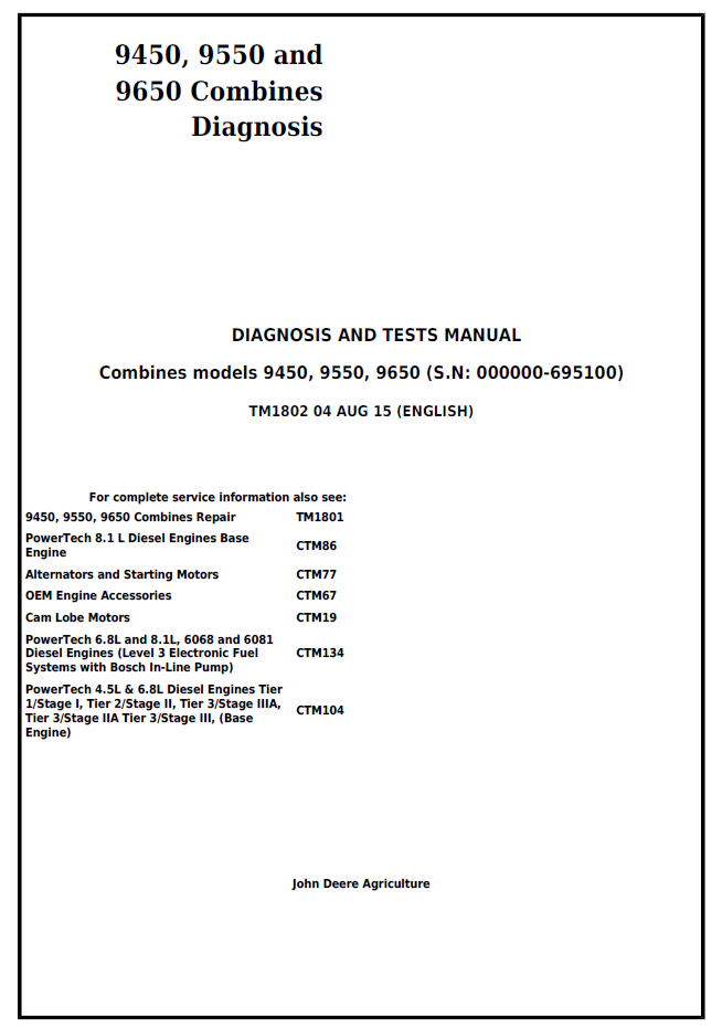 TM1802 John Deere 9450 9550 9650 Combine Diagnosis & Test Manual