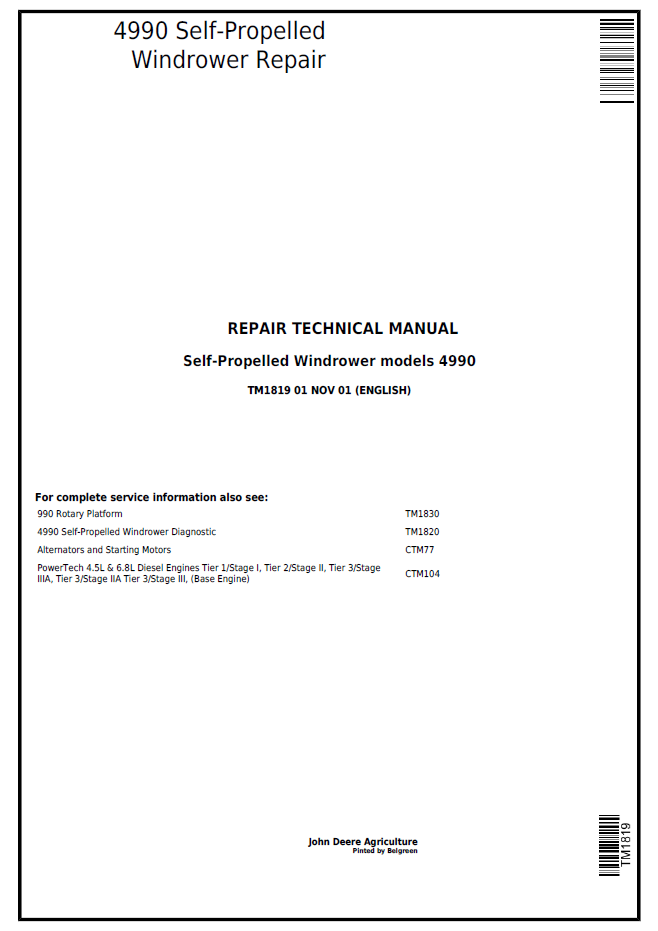 TM1819 John Deere 4990 Self-Propelled Windrower Repair Manual