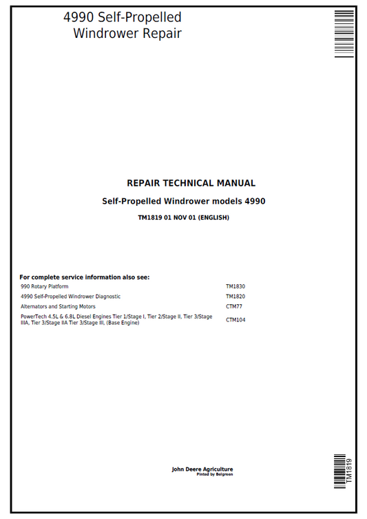 TM1819 John Deere 4990 Self-Propelled Windrower Repair Manual