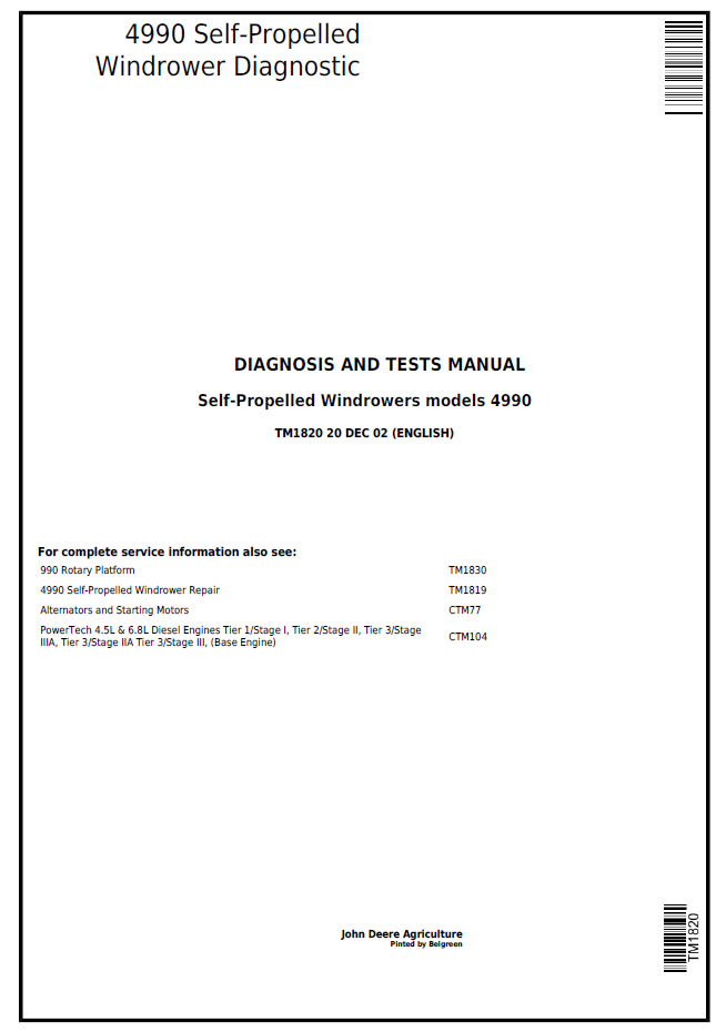 TM1820 John Deere 4990 Self-Propelled Windrower Diagnosis Manual