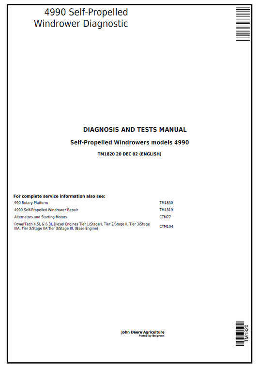 TM1820 John Deere 4990 Self-Propelled Windrower Diagnosis Manual