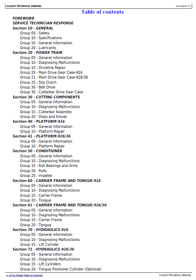 TM1823 John Deere Mower Conditioner Diagnostic & Service Workshop Guide