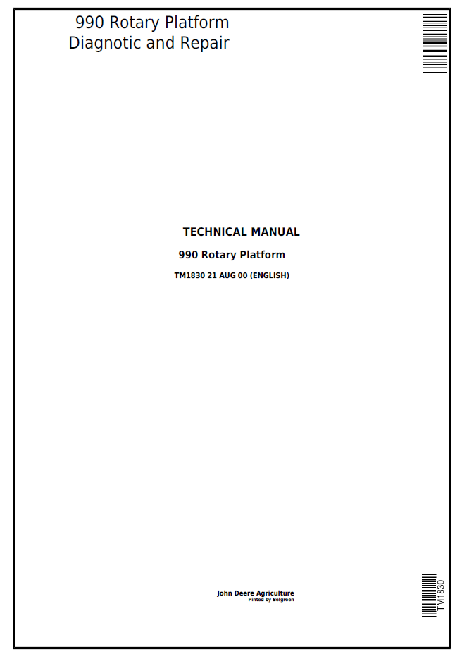 TM1830 John Deere 990 Rotary Platform Diagnostic & Repair Manual