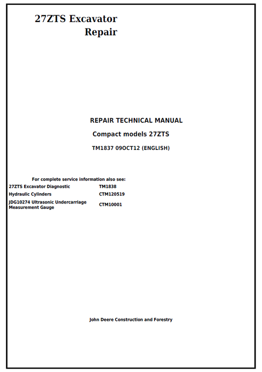 TM1837 John Deere 27ZTS Excavator Repair Technical Manual