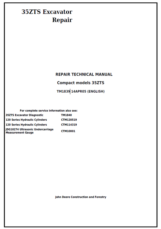 TM1839 John Deere 35ZTS Compact Excavator Repair Technical Manual PDF