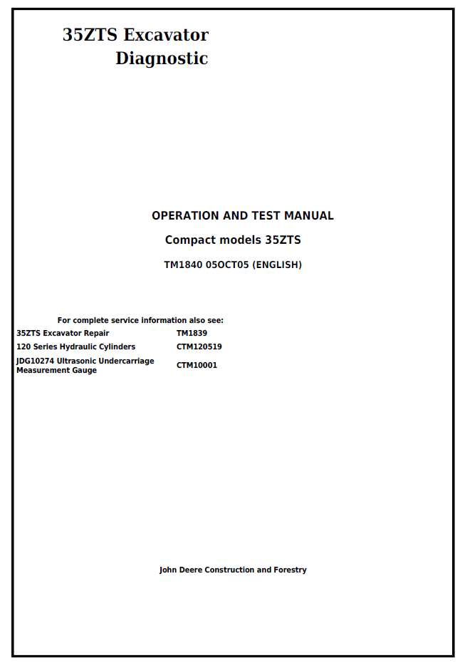 TM1840 John Deere 35ZTS Excavator Diagnostic & Test Manual