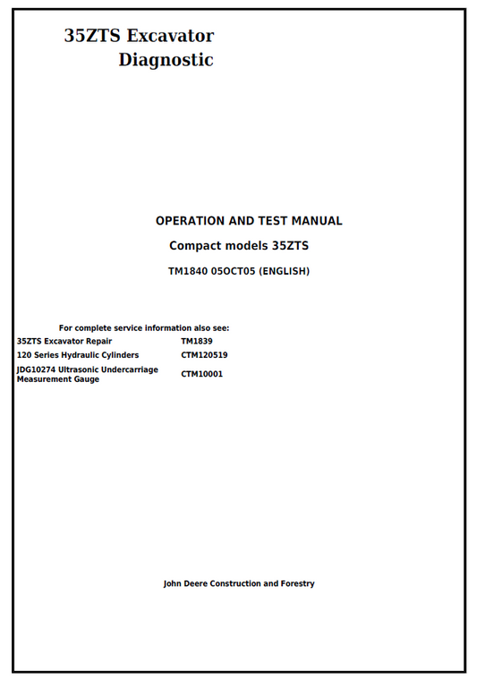 TM1840 John Deere 35ZTS Excavator Diagnostic & Test Manual