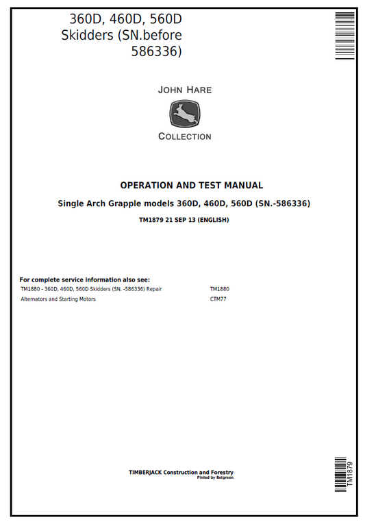 TM1879 John Deere 360D 460D 560D Skidder Operation Test Manual