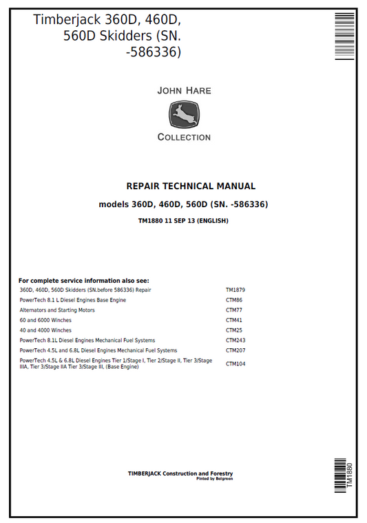 TM1880 John Deere Timberjack 360D 460D 560D Skidder Repair Manual