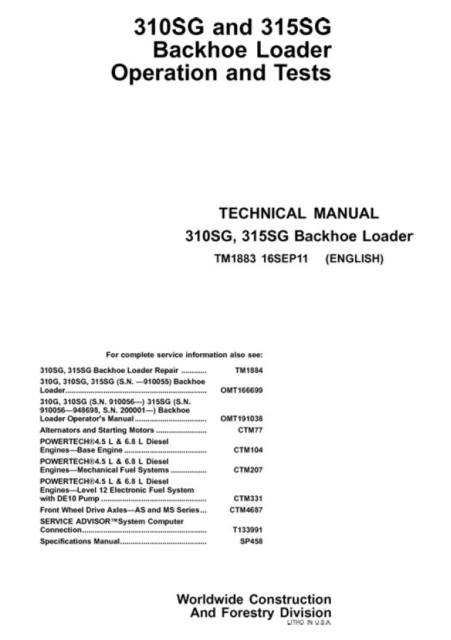 TM1883 John Deere 310SG 315SG Backhoe Loader Operation Test Manual