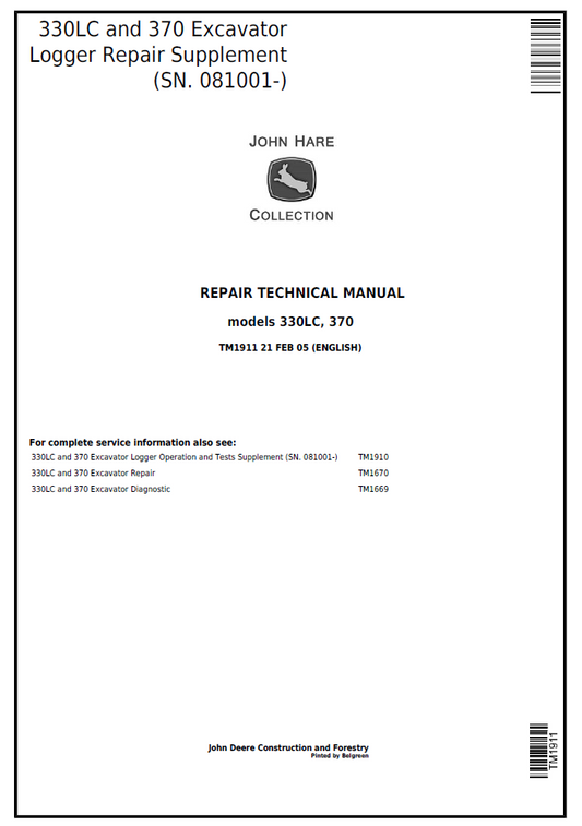 TM1911 John Deere 330LC 370 Excavator Logger Repair Manual
