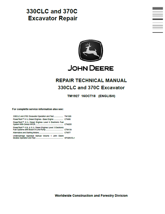 TM1927 John Deere 330CLC 370C Excavator Repair Technical Manual