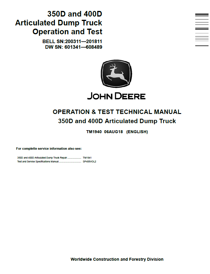 TM1940 John Deere 350D 400D Articulated Dump Truck Test Manual