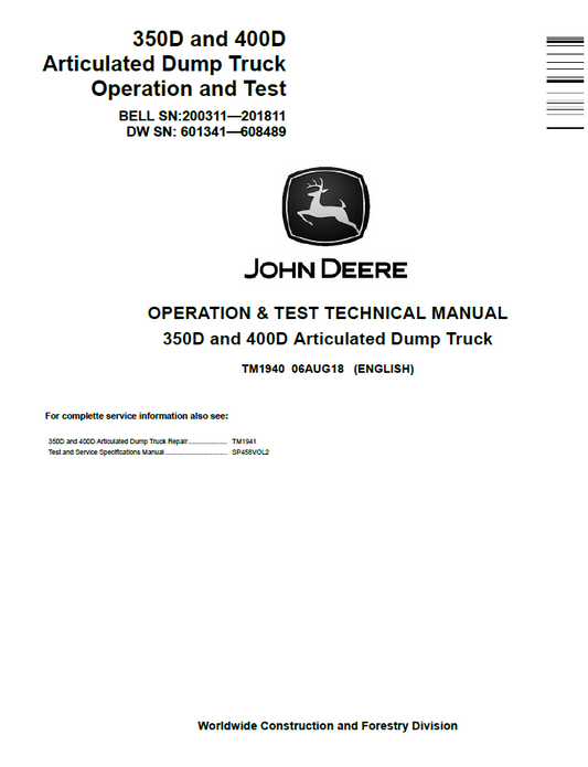 TM1940 John Deere 350D 400D Articulated Dump Truck Test Manual