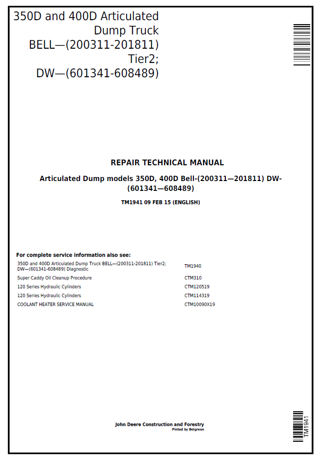 TM1941 John Deere 350D 400D Bell Articulated Dump Truck Repair Manual