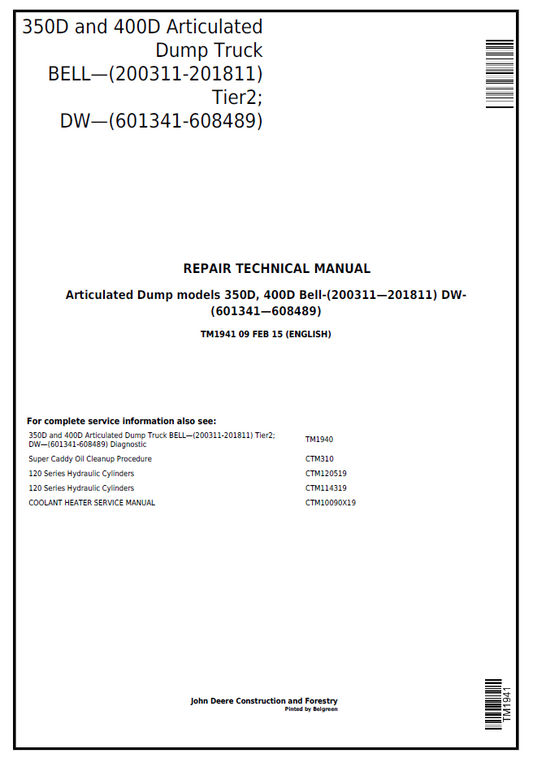 TM1941 John Deere 350D 400D Bell Articulated Dump Truck Repair Manual