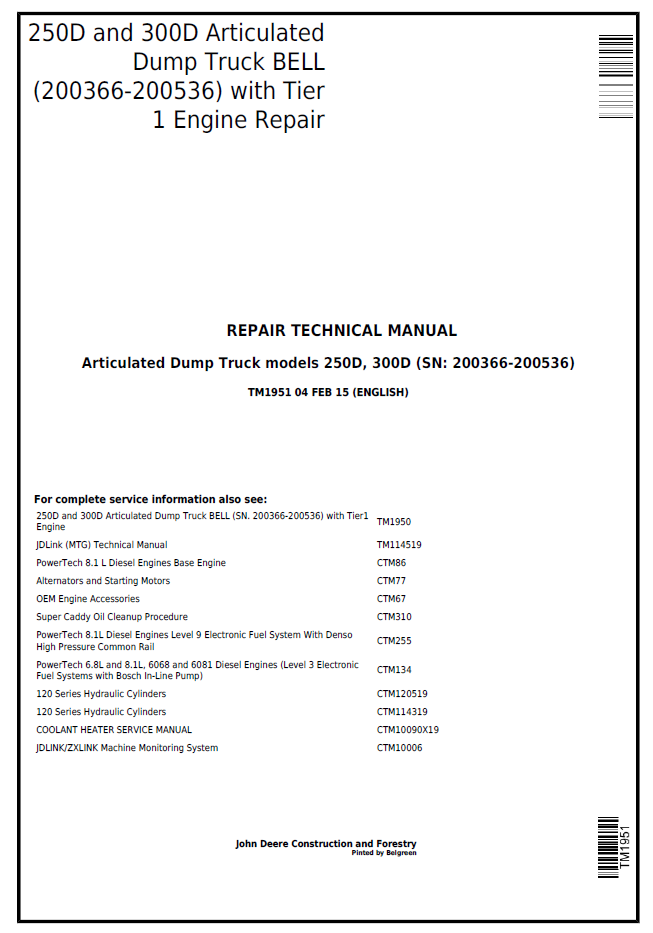 TM1951 John Deere 250D 300D Bell Articulated Dump Truck Repair Manual