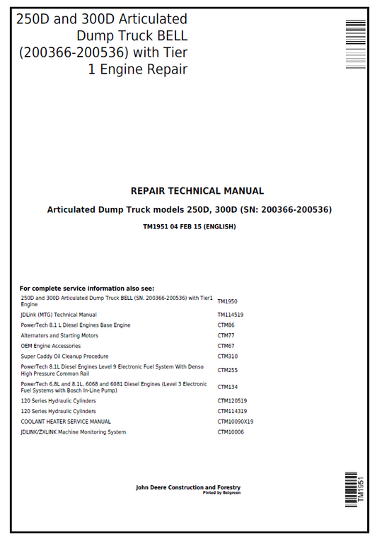 TM1951 John Deere 250D 300D Bell Articulated Dump Truck Repair Manual