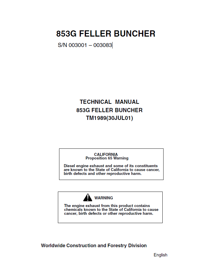 TM1989 John Deere 853G Feller-Buncher Technical Manual PDF