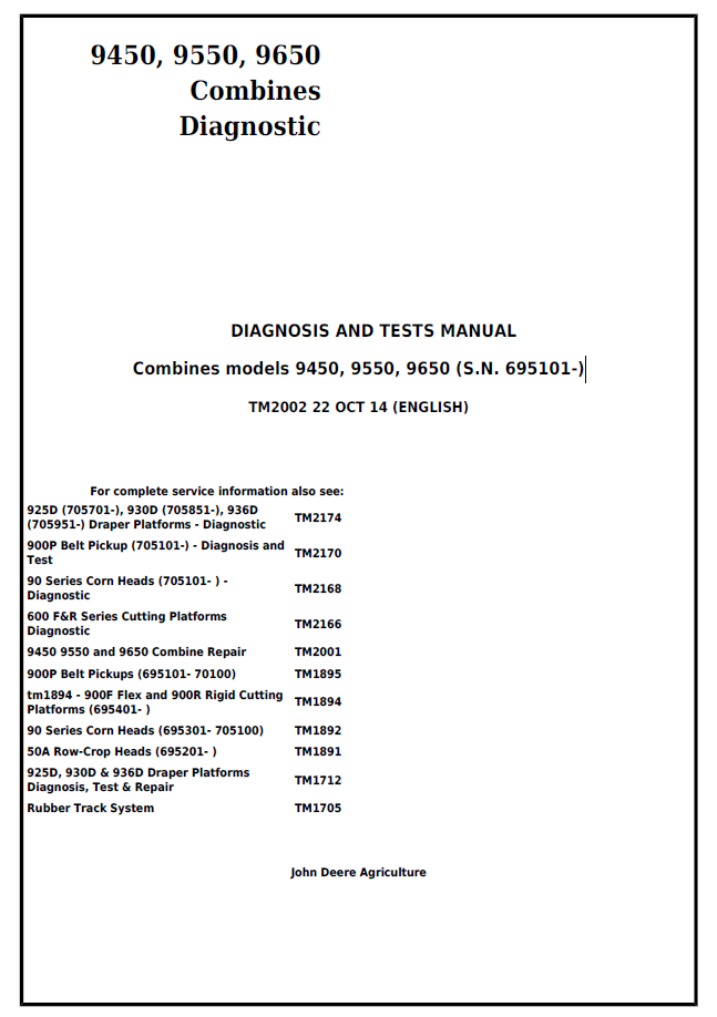 TM2002 John Deere 9450 9550 9650 Combine Diagnosis Manual