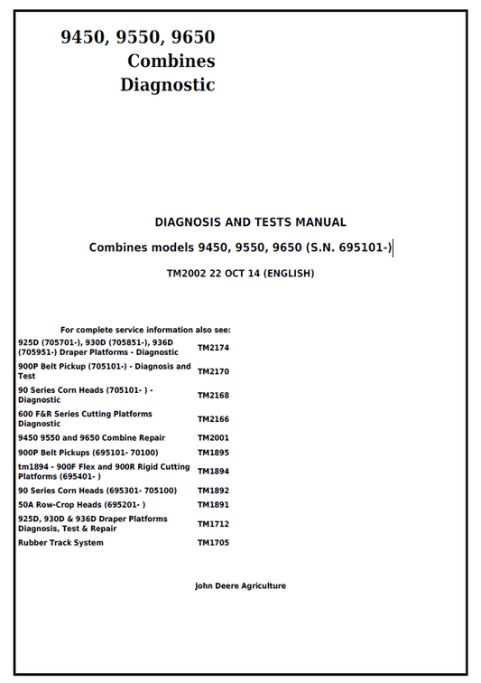 TM2002 John Deere 9450 9550 9650 Combine Diagnosis Manual
