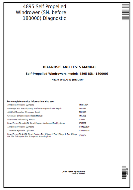 TM2034 John Deere 4895 Self-Propelled Windrower Test Manual