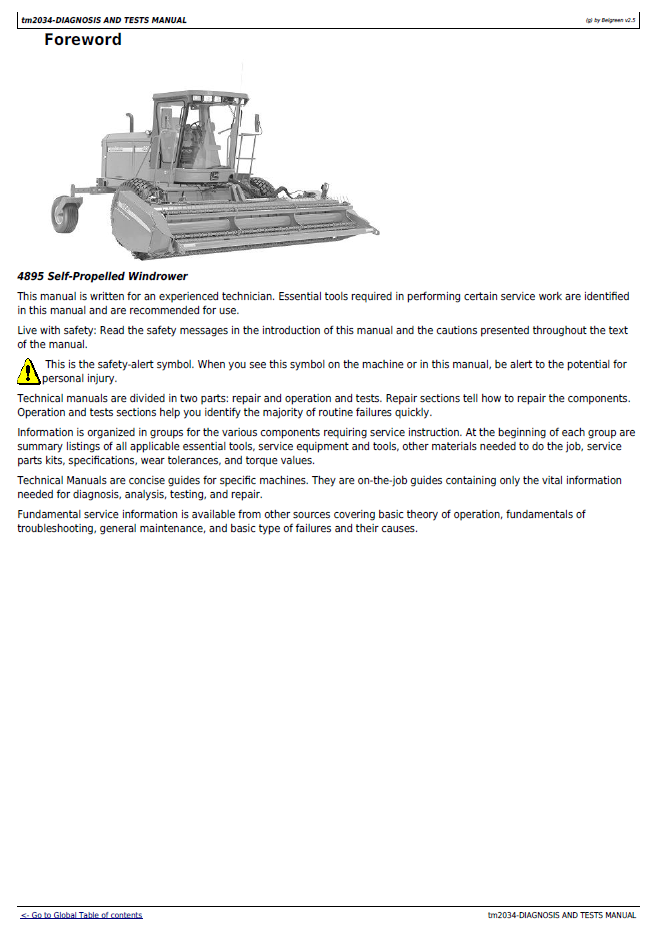 TM2034 John Deere Windrower Troubleshooting Technical Manual