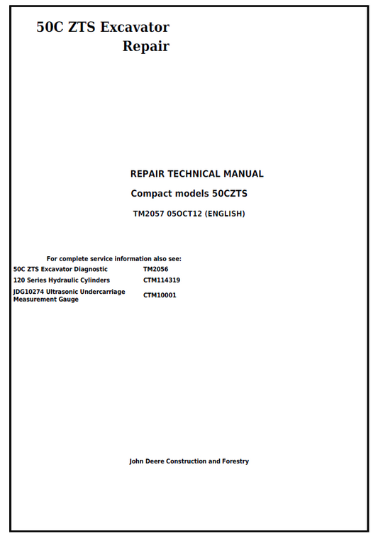 TM2057 John Deere 50C ZTS Compact Excavator Repair Technical Manual PDF