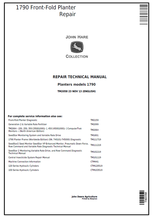 TM2058 John Deere 1790 Front Fold Planter Repair Technical Manual