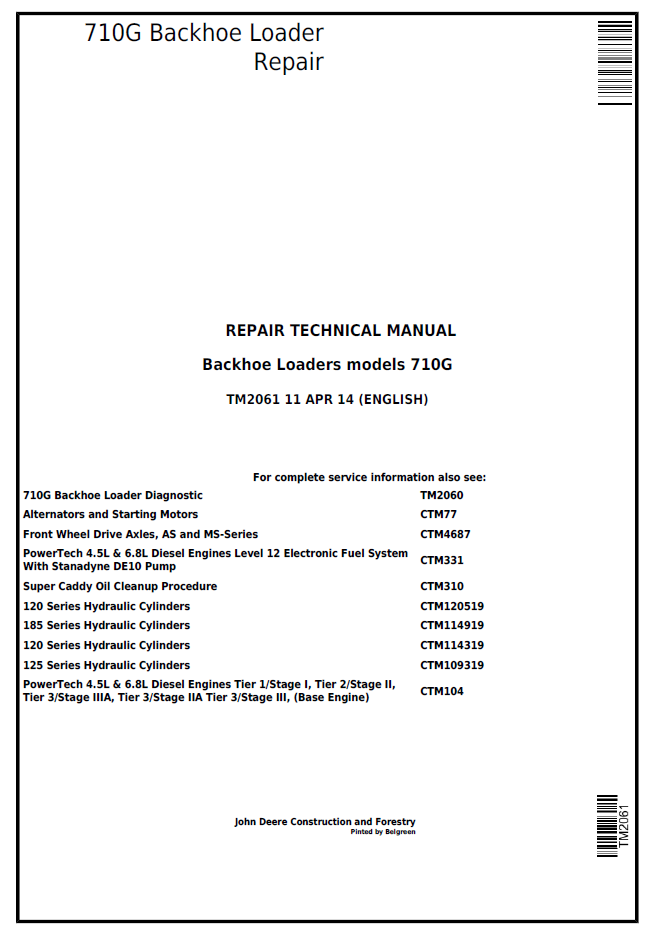 TM2061 John Deere 710G Backhoe Loader Repair Technical Manual