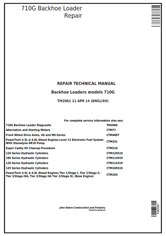 TM2061 John Deere 710G Backhoe Loader Repair Technical Manual