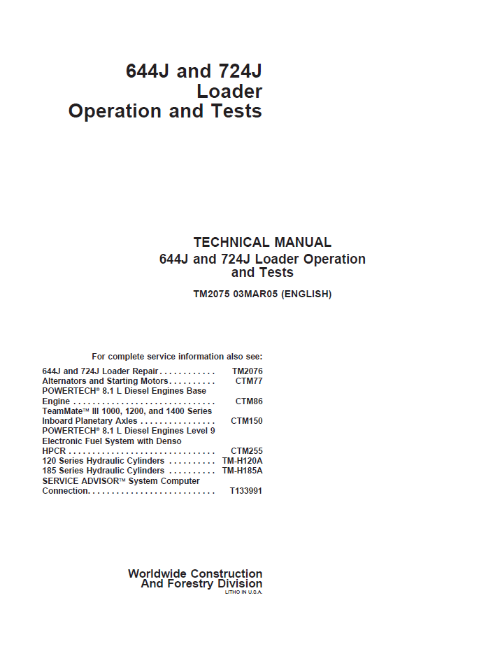 TM2075 John Deere 644J 724J Loader Operation & Test Manual