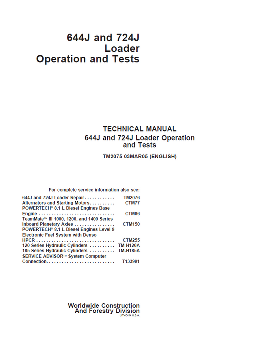 TM2075 John Deere 644J 724J Loader Operation & Test Manual