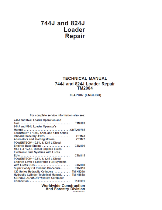 TM2084 John Deere 744J 824J Loader Repair Technical Manual