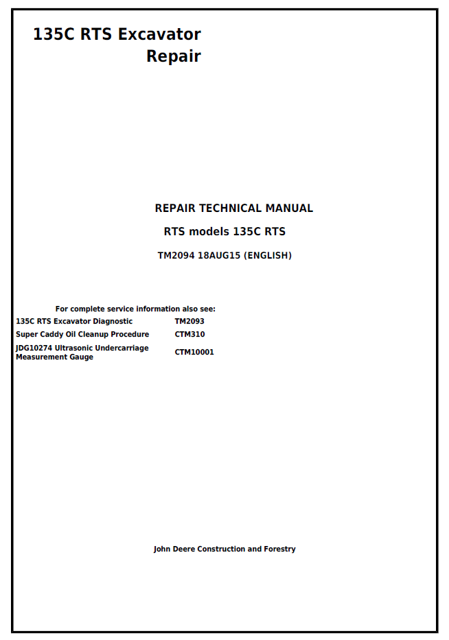 TM2094 John Deere 135C RTS Excavator Repair Technical Manual