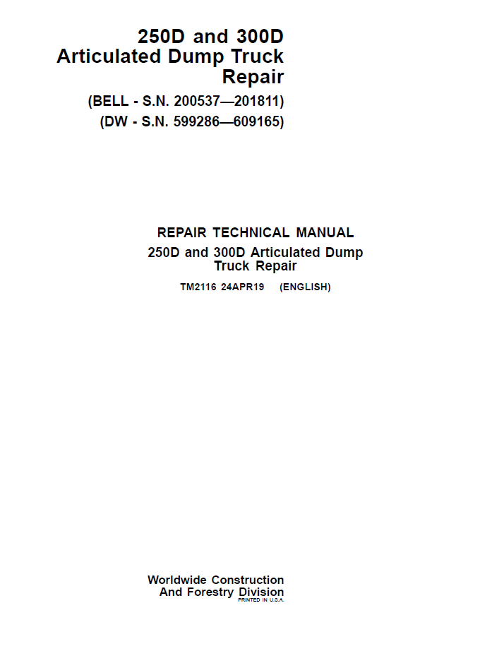 TM2116 John Deere 250D 300D Articulated Dump Truck Repair Manual