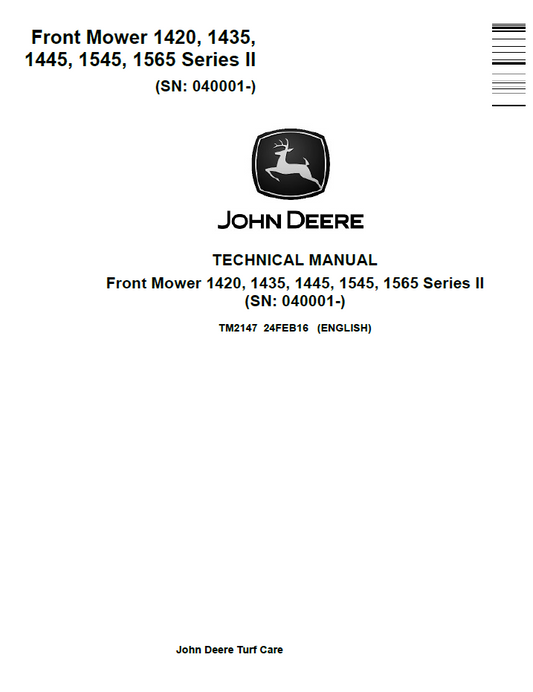 TM2147 John Deere 1420 1435 1445 1545 1565 Front Mower Manual