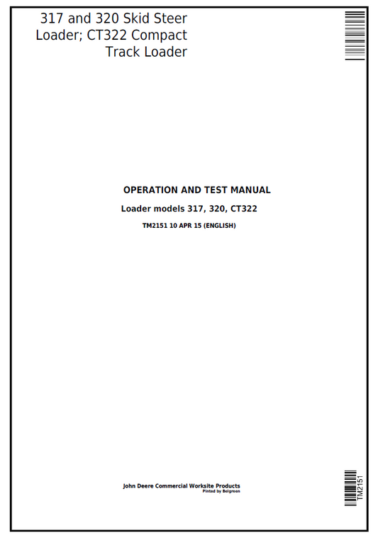 TM2151 John Deere 317 320 Skid Steer CT322 Loader Manual