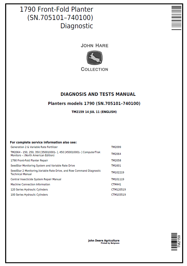 TM2159 John Deere 1790 Front Fold Planter Diagnosis Test Manual