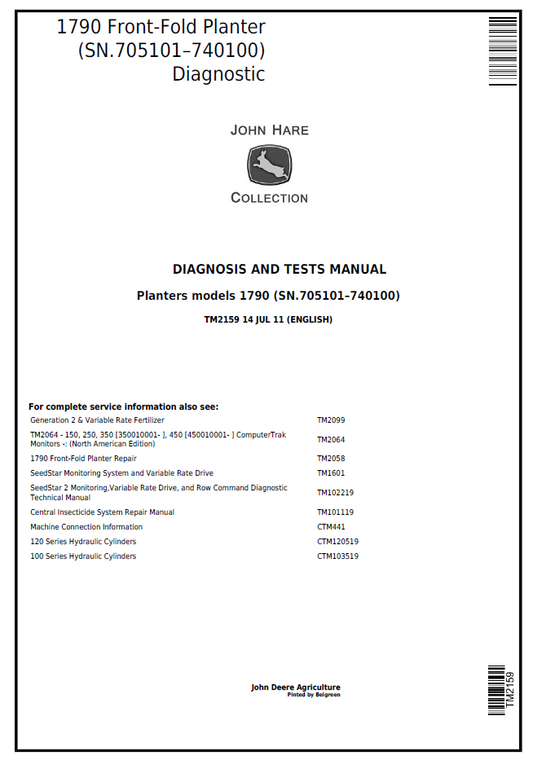 TM2159 John Deere 1790 Front Fold Planter Diagnosis Test Manual