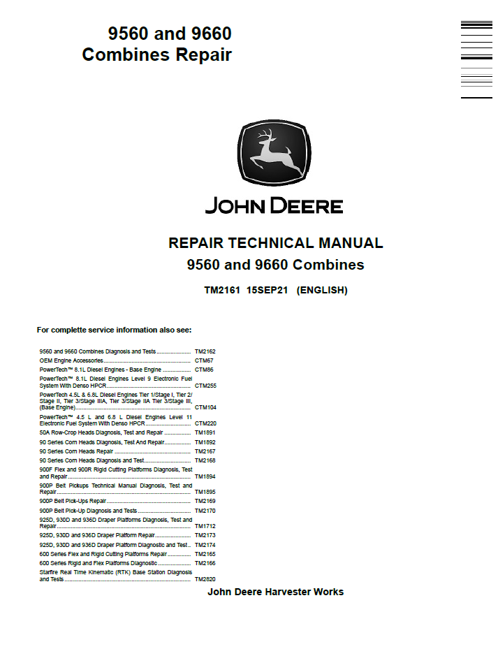 TM2161 John Deere 9560 9660 Combine Repair Technical Manual