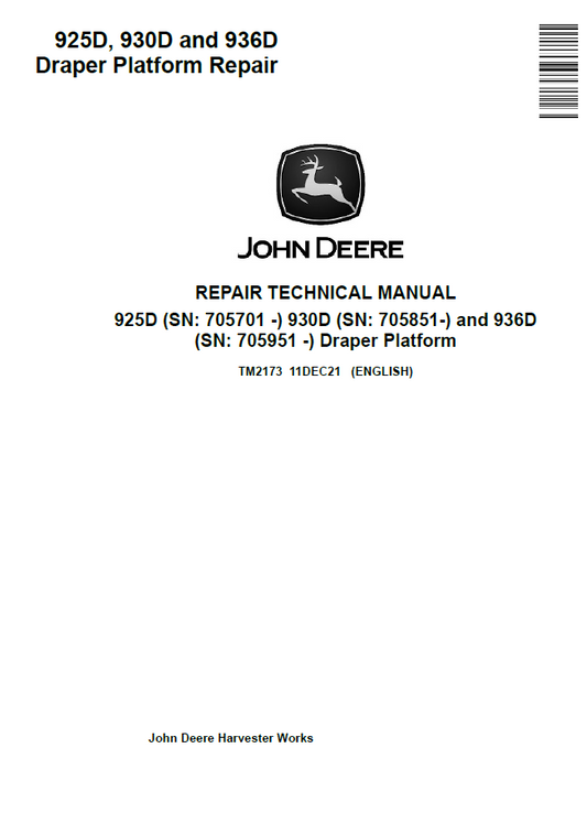 TM2173 John Deere 925D 930D 936D Draper Platform Repair Manual