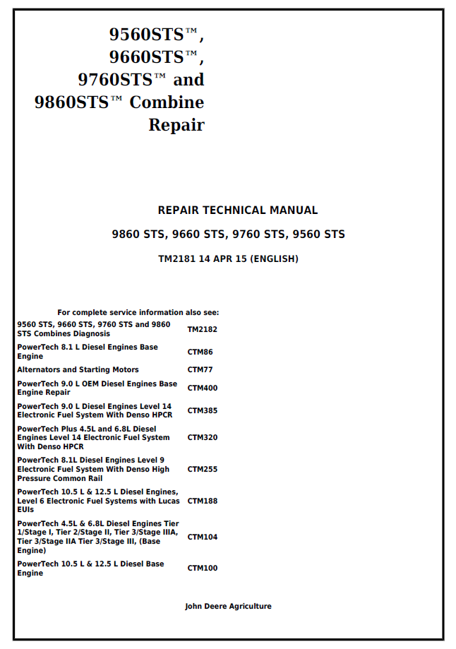 TM2181 John Deere STS Combine Complete Repair Technical Manual
