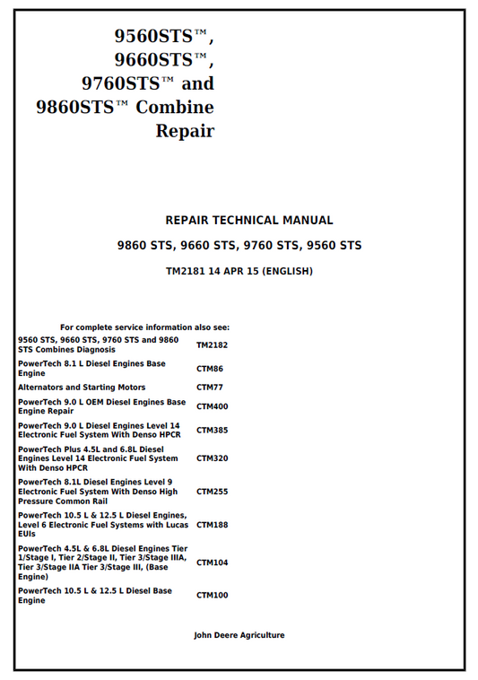 TM2181 John Deere STS Combine Complete Repair Technical Manual