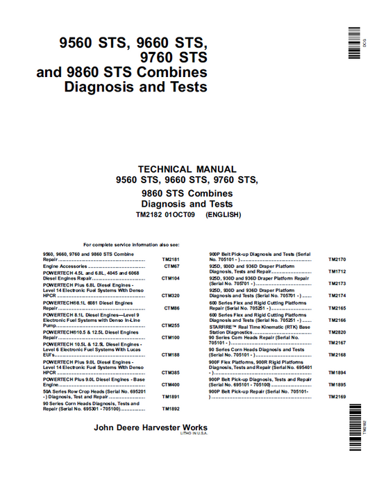 TM2182 John Deere STS Combine Diagnosis & Test Technical Manual