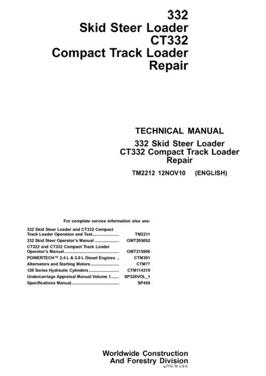 TM2212 John Deere 332 Skid Steer CT332 Technical Manual
