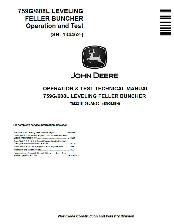 TM2218 John Deere 759G 608L Leveling Feller Buncher Manual
