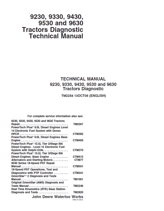TM2254 John Deere 9230 9330 9430 9530 9630 Diagnostic Manual